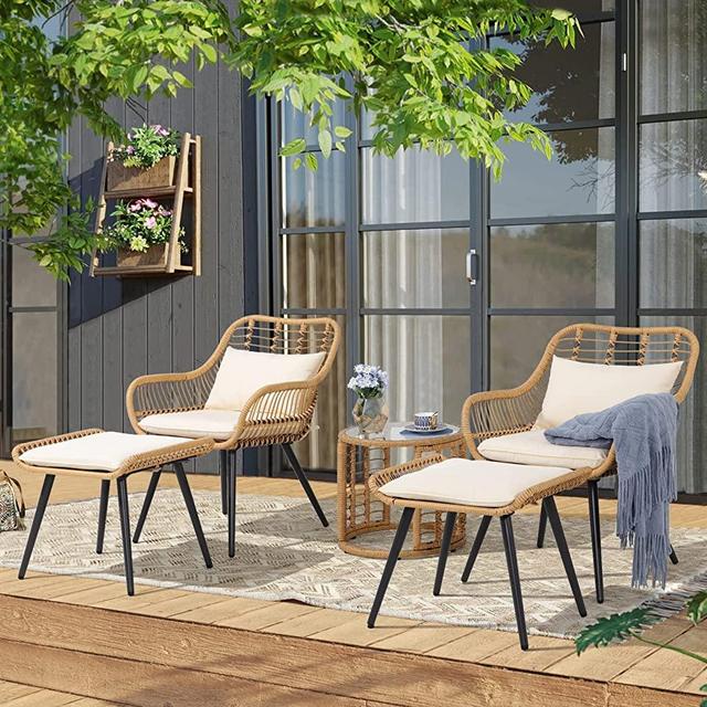 JOIVI 5 Piece Outdoor Wicker Bistro Set with Ottomans, Patio Furniture Rattan Conversation Chairs Set with Round Side Table for Porch, Balcony, Poolside, Yard, White Cushion