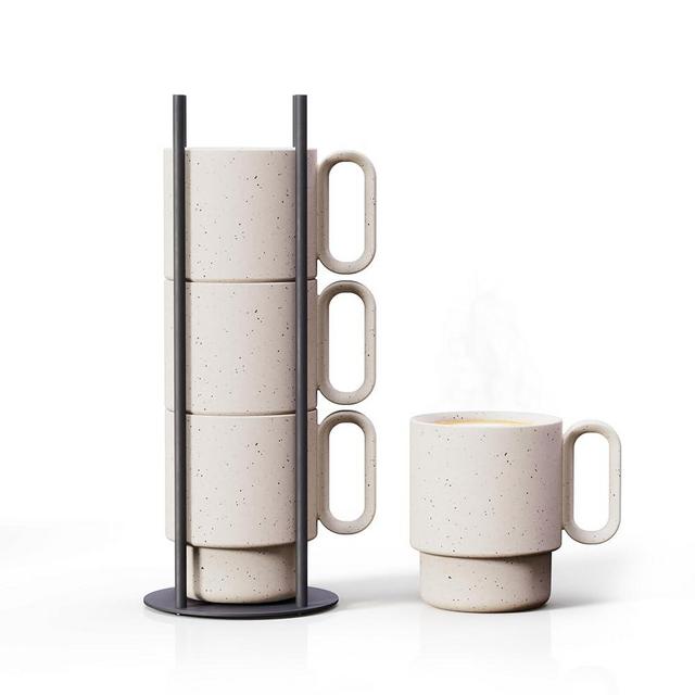 Stackable Coffee Mugs with Black Stand - 4x10oz Ceramic Mugs with Unique Sprinkled Optics - Powder Coated Metal Rack - Dishwasher-Safe - Microwave & Oven - Scandinavian Minimal Design