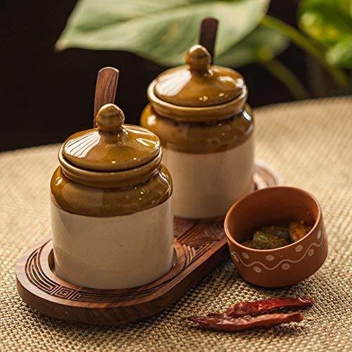 Western Eiderdown Presents Old Fashioned Ceramic Dining Table Top Pickle Jar Set Cum Kitchen Spice & Chutney Container Set (Brown) #Aport-041