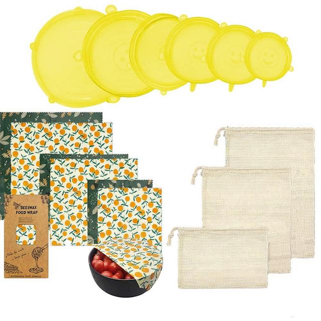 Reusable Beeswax Food Wrap- Silicone Stretch Lids - Reusable Produce Bags, Eco Friendly Food Storage, Dishwasher & Freezer Safe, Reusable Grocery Bag for Storage, 15 Pack (6 Wrap 3 Bags 6 Lids)