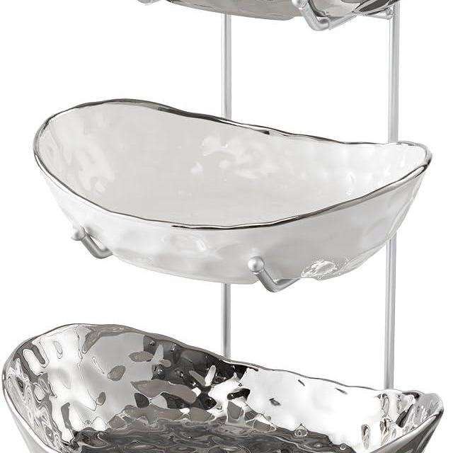 HBlife Fruit Bowl for Kitchen Counter - 3 Tier Ceramic Fruit Bowl with Metal Stand, Tiered Fruit Basket for Kitchen Fruit Vegetable Storage, Snack, Dessert Tray Plate Rack for Party(Silver)