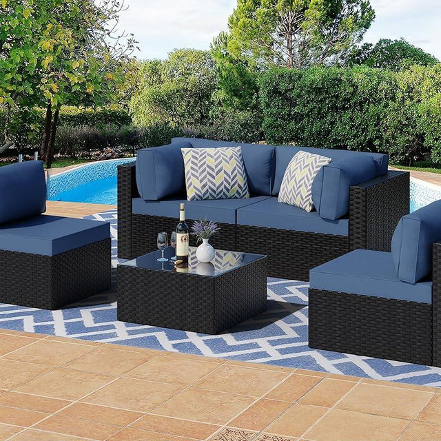 Shintenchi 5 Pieces Outdoor Patio Sectional Sofa Couch, Black PE Wicker Furniture Sets, Patio Conversation Sets with Washable Cushions Glass Coffee Table for Garden, Poolside, Backyard, Aegean Blue