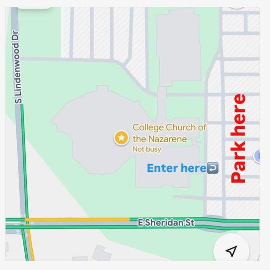 Ceremony parking: Enter the parking lot from Sheridan street and park on the east side of the church near the football stadium. You will enter through the "Garrett Chapel" entrance of the church.