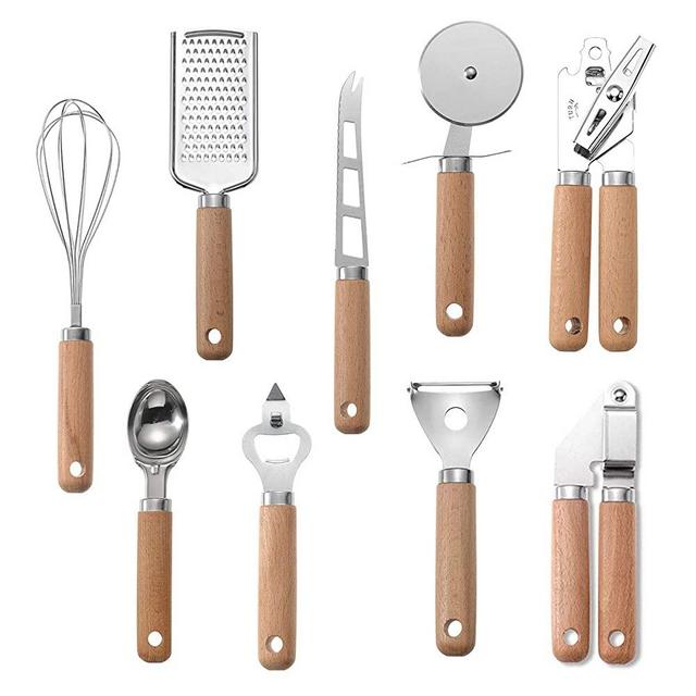 ArteiWo Stainless Steel Kitchen Gadgets, 9 Pieces Cooking Tools Set for Household & Professional Home Kitchen-Brown