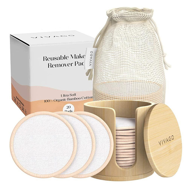 VIVAGO Reusable Makeup Remover Pads - 20 Pieces Soft Organic Cotton Rounds with Washable Drawstring Laundry Bag & Bamboo Holder - All Skin Type Skincare Set Facial Cleaning Cloth