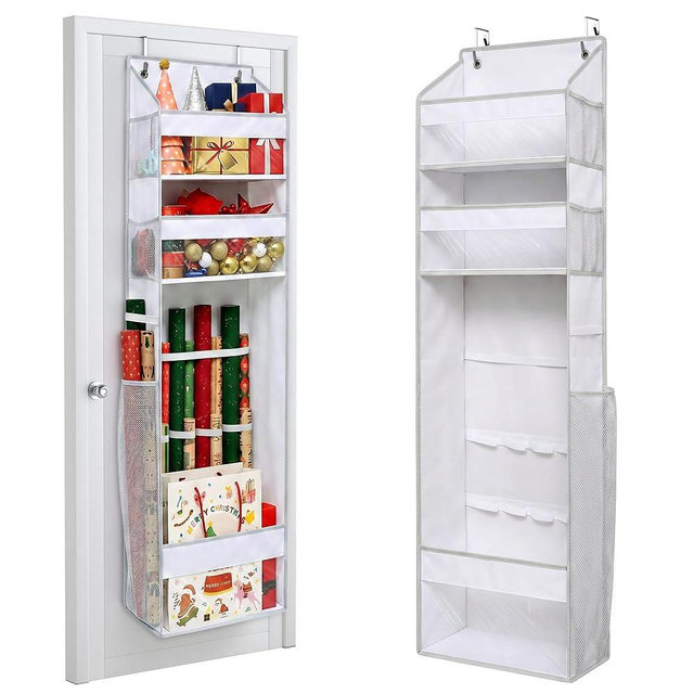 Ordovibe Wrapping Paper Storage Organizer – Over The Door Hanging Gift Wrap Holder for 15-30" Rolls, Space Saving Closet Organizer for Christmas, Halloween, Birthday with Side Mesh Pockets White