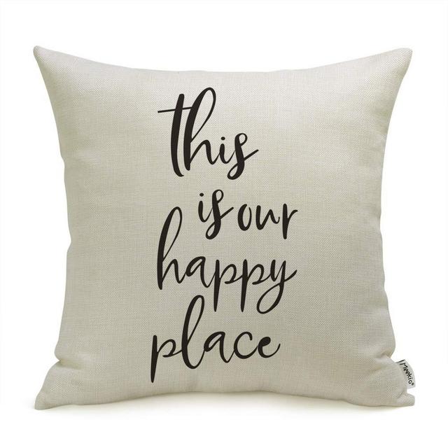 Meekio Farmhouse Pillow Covers with This is Our Happy Place Quotes 18 x 18 Inch Farmhouse Decor Housewarming Gifts for The Home