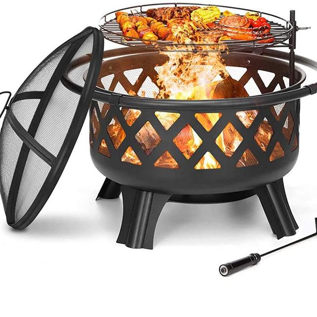 KINGSO 2-in-1 Outdoor Fire Pit with Cooking Grate 30" Heavy Duty Fire Pits Outdoor Wood Burning Steel BBQ Grill Firepit Bowl with Spark Screen Cover Log Grate Fire Poker for Backyard Bonfire Patio
