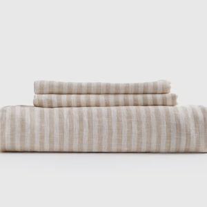 European Linen Fitted Sheet Set in Natural/White Stripe
