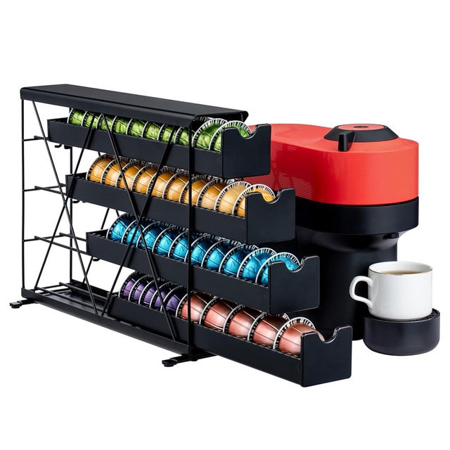 ZCDCP Black Metal 4 Tier Coffee Pod Holder, Nespresso Coffee Pod Holder Vt Pod Wall Mountable Storage Drawer, for Vtline Capsule Coffee Machine (40 Pods Capacity)