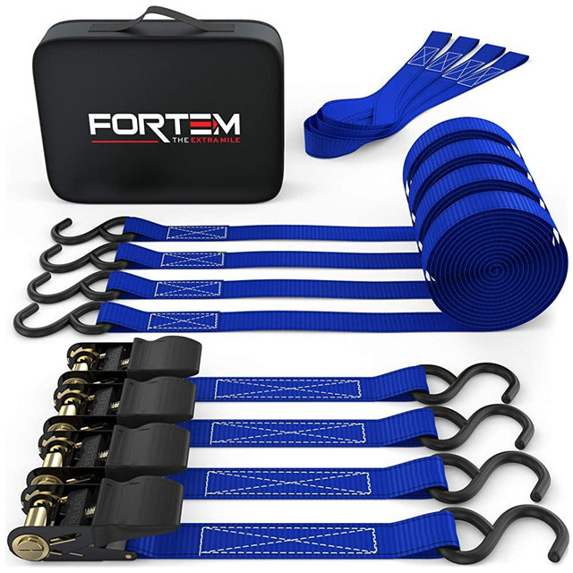 Fortem Ratchet Tie Down Straps, 4X 15ft Securing Straps, 4X Soft Loops 1500lb Break Strength, Rubber Coated Metal Handles, Plastic Coated Metal Hooks, Carrying Case (Blue)