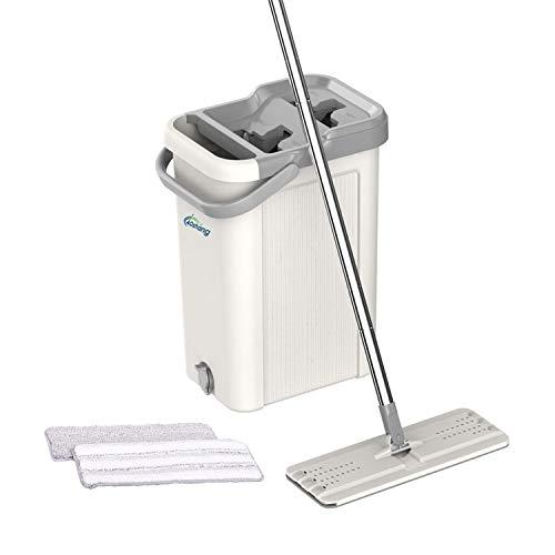Oshang Flat Floor Mop and Bucket Set for Home Floor Cleaning, Hands Free Floor Flat Mop, Stainless-steel Handle, 2 Washable & Reusable Microfiber Pads