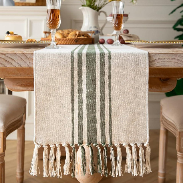 Caflife Boho Table Runner for Modern Farmhouse Decor, Dining Table décor 13 x 72 Inch Long, Coffee Table Runner with Handcrafted Tassels, Green and Beige Stripe Table Runner for Home Boho décor