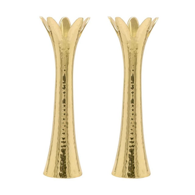 Yair Emanuel Hammered Pillar Candle Holders | Shabbat Candlestick Holders | Flower Petal Design | Set of Two (8' Gold CAA-2)