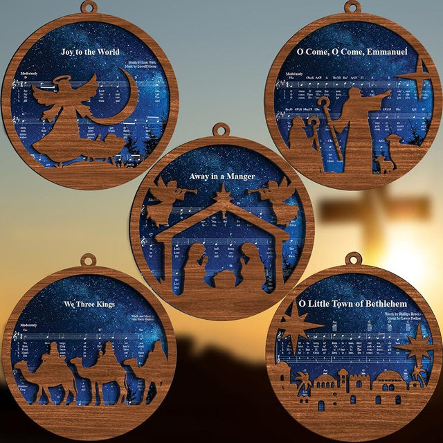 Pack of 5 Music Sheet Nativity Ornament - Catholic Gifts Women, Religious for Mom - Christian Keepsake for Christmas Blessing Birth of Jesus Ornaments Perfect Xmas Tree CB11-BLUE