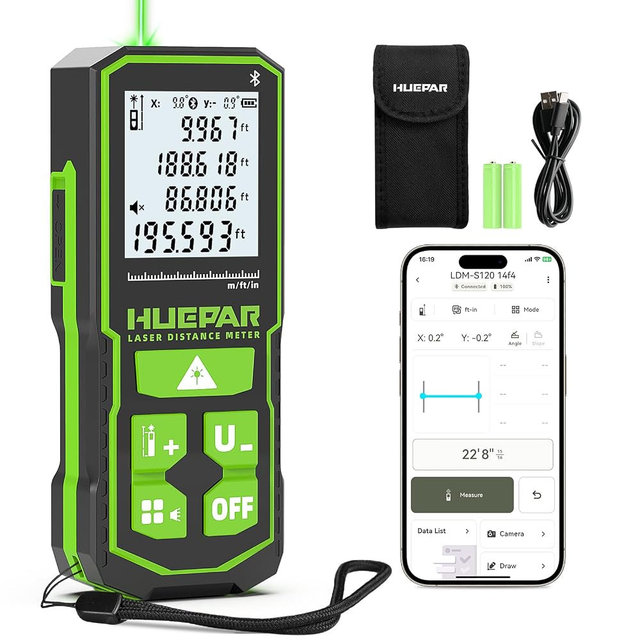 Huepar Bluetooth Green Laser Measuring Tool 200FT, S60-G-BT | APP Control, Green Beam, ±1/16" High Accuracy, Rechargeable USB-C Laser Distance Meter, Angle Sensor, IP54, Gifts for Men