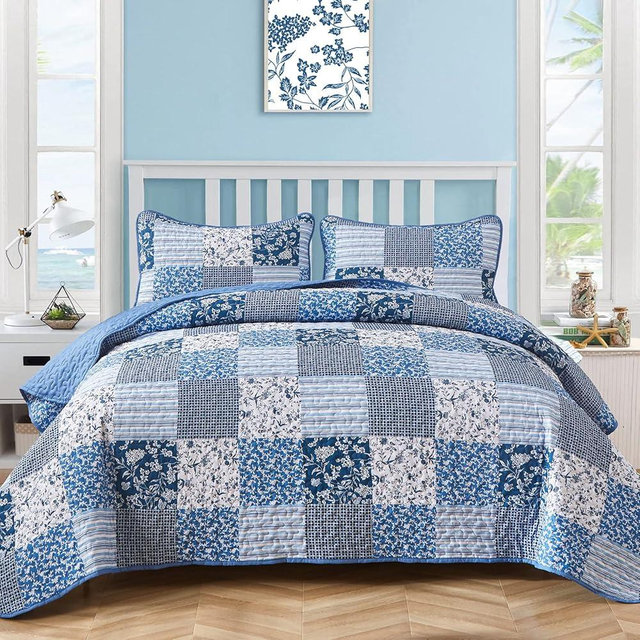 Mybedsoul Blue Boho Quilt Set King Size,3 Pieces Plaid Floral Bedspread Coverlet Set for All Season,Patchwork Reversible Bedding Set King 90"x104"