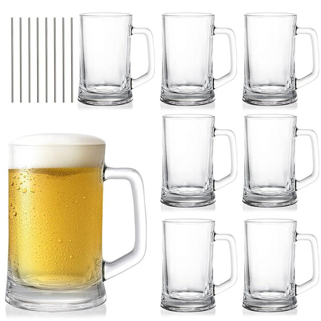 SOUJOY 8 Pack Glass Stein, 12 Oz Clear Freezer Beer Cup with Handle and Straw, Heavy Duty Drinking Glass for Beverages