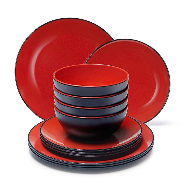 TP 12-Piece Dinnerware Set, Melamine Dishes Set with Bowls and Plates, Non-breakable Lightweight Dinner Service for 4 (Black-Matte/Red)