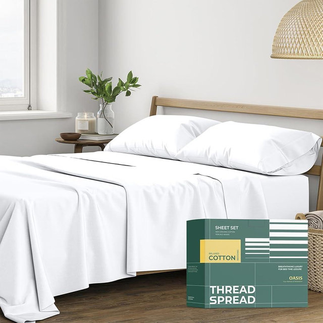 THREAD SPREAD 100% Organic Cotton Sheets - Organic Cotton Percale Weave Sheet Set, Soft, Cooling, Crisp & Breathable, 16" Deep Pocket Hotel Quality Bedding Set - 4 PC, Queen White