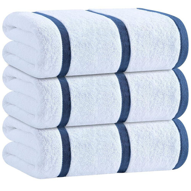 White Classic Cotton Pool Towels Oversized 35 x 70 Inches, Ultra Absorbent and Low Lint Striped Beach Towels for Adults, Stripes Design Luxury Extra Large Bath Towels, Navy Blue, 3 Pack