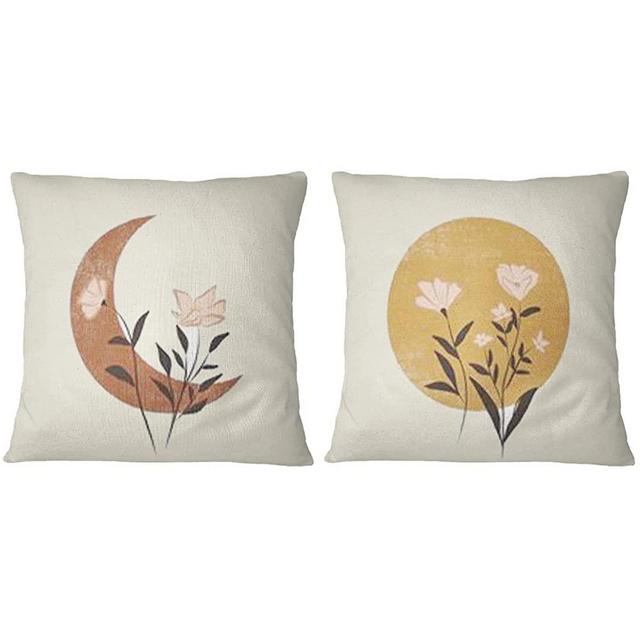 Boho Abstract Sun and Moon Throw Pillow Cover Set of 2 Minimalist Mid Century Floral Linen Decorations Square Cushion Case for Living Room Bedroom Couch Car Indoor Outdoor Decoration, 18x18 Inches