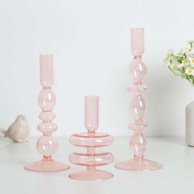 Hewory Glass Candlestick Holders: Pink Glass Taper Candle Holders Set of 3 Vintage Candle Stick Candle Holder, Colorful Glass Candle Holders for Table Centerpiece, Wedding, Dinner, Party, Home Decor