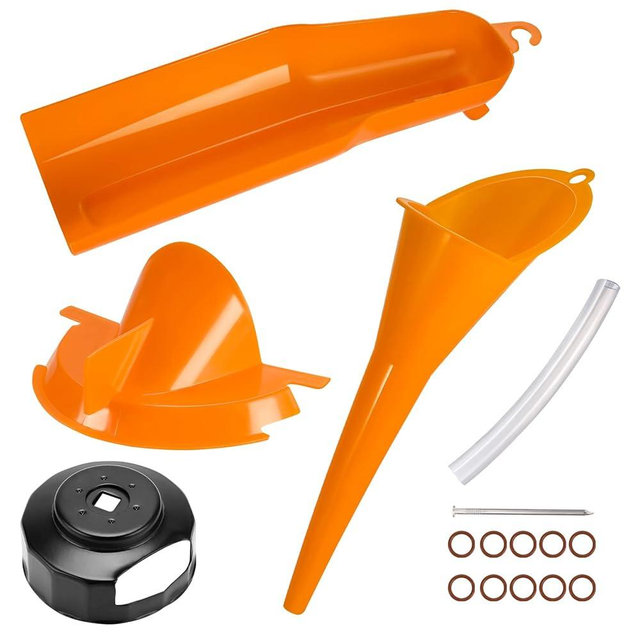 Oil Change Kit Compatible with Harley, Oil Filter Cap Wrench, Crankcase Fill Funnel, Primary Case Oil Funnel, Drip Free Oil Filter Case, Transparent Tube, Oil Drain Plug and O-Rings Include