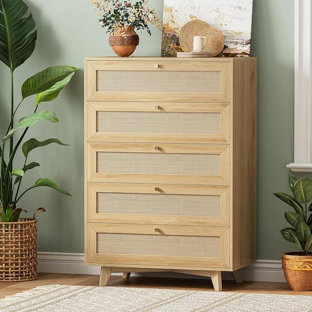 AOGLLATI Rattan Dresser for Bedroom with 5 Drawer, Modern Wooden Tall Bedroom Dresser, Chest of Drawers with Metal Handle & Solid Wood Legs for Bedroom/Living Room,Nature