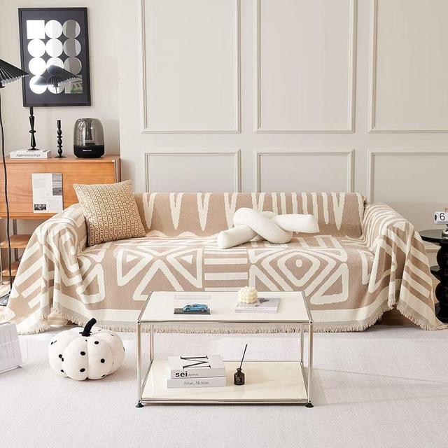 VClife Boho Chenille Couch Cover Chic Geometric Sofa Slipcover 1 Piece Non Slip Furniture Protector White Cream Beige Tan Khaki Triangle Plaid Sofa Cover for Dog Cat Kids Soft Furniture Protector