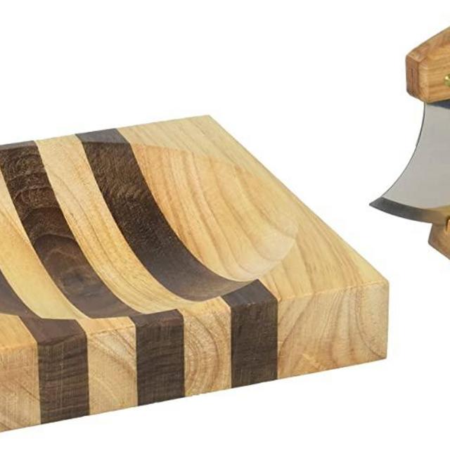 Alaska Ulu Knife Set-Curved Knife with Wood Handle plus Chopping Board with Bowl-easy to use Rocker Tool for chopped salads and veggies-use like a one handled Mezzaluna-made in Alaska, USA