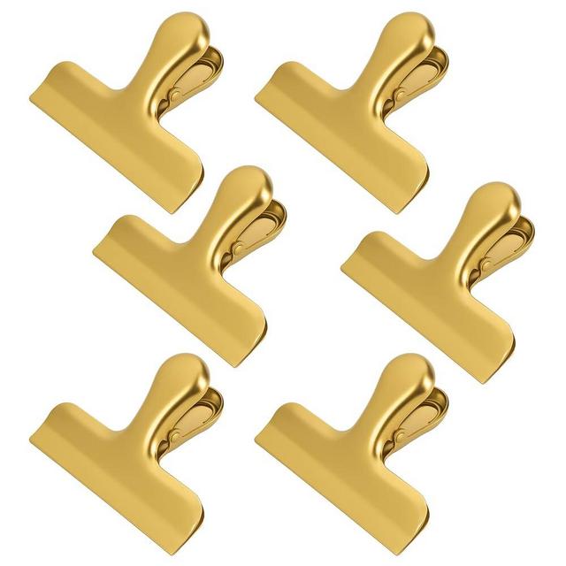 6PCS Gold Chip Clips, Stainless Steel Bag Clip 3 Inch Wide Brass Notebook Golden Heavy Duty Metal T Clip Air Tight Food Clamp Vintage Retro Hinge File Bill Holder Sealing Office Kitchen Accessories