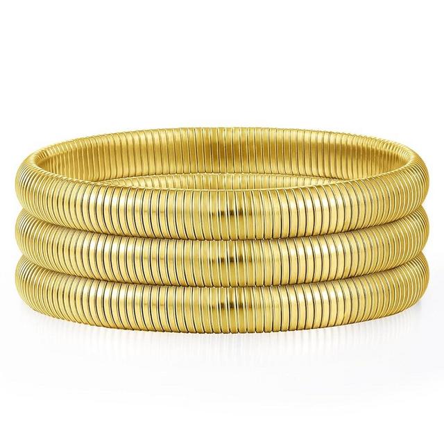Emibele Gold Bangles Bracelet Set for Women, 18K Gold Plated Chunky Stainless Steel Non Tarnish Stretch Bracelet Stack, Flexible Wide Wristband Bangle Layered Snake Chain Bracelets