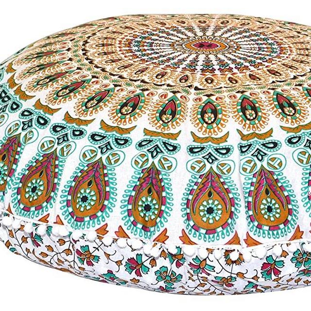 ANJANIYA - 32" Peacock Mandala Bohemian Yoga Meditation Floor Pillow Cover Comfortable Home Car Bed Sofa Cushion Couch Seating Large Zipped Throw (White Multi, 32" Round)