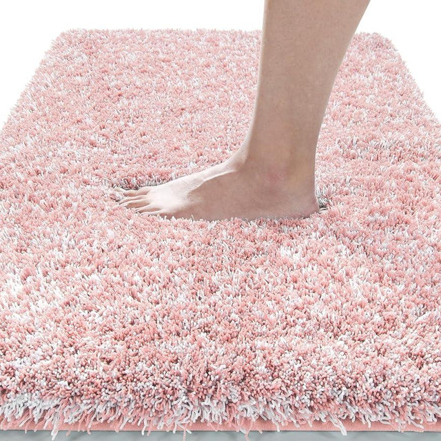 Yimobra Luxury Bathroom Rugs, Fluffy Bath Mats, Non Slip, Water Absorbent Microfiber, Machine Washable, Plush Carpet Shower Rugs, Thick Matts for Bathroom Floor&Tub, 44" X 24", Light Pink and White