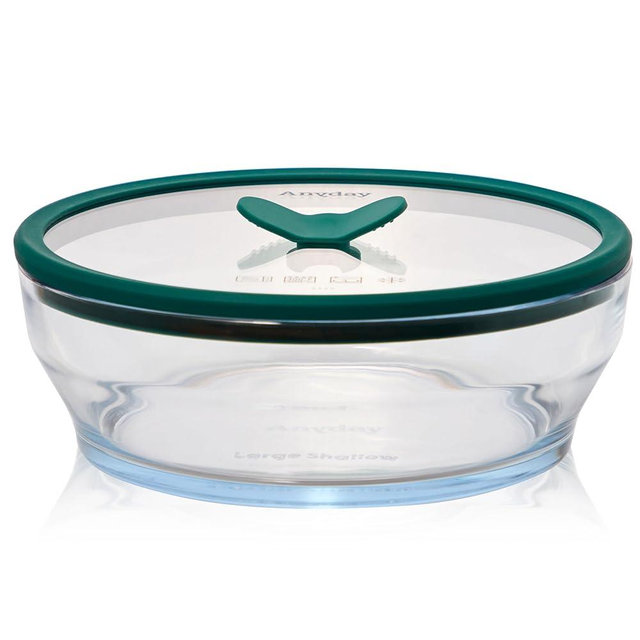 Anyday 7-Cup Glass Food Storage with Glass Lid, Round Shallow Dish | Plastic-Free Meal Prep & Microwave Cookware | Stackable Airtight Storage Container with Vented Lid for Microwave-Safe Reheating