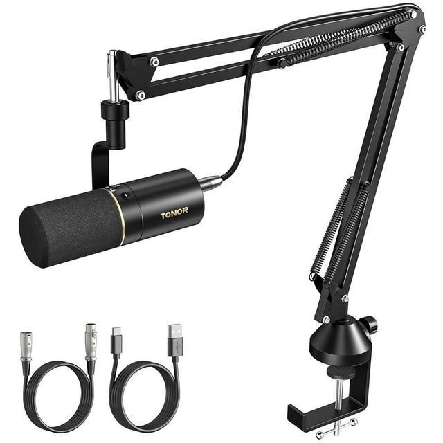 TONOR Dynamic Microphone, XLR/USB Microphone for Podcast, Recording, Streaming, Gaming, XLR Cardioid Studio Mic with Quick Mute, 3.5mm Headphone Jack, Volume Control, Mic with Boom Arm, White, TD510+