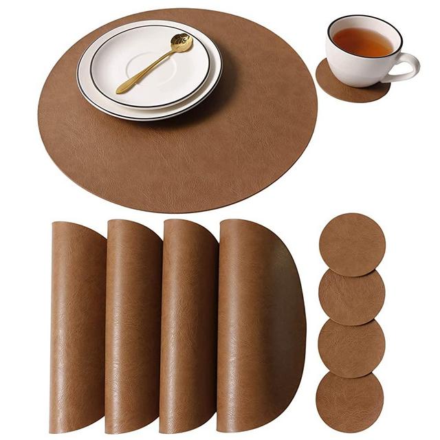 Jovono Embossed PU Leather Placemats, Waterproof Coffee Coasters, Kitchen Table Mats, Easy to Wipe Off for Dining Round Table
