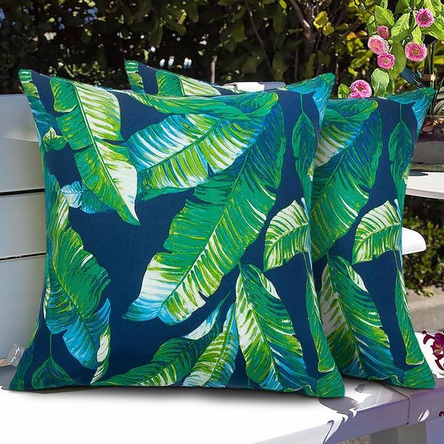 Magpie Fabrics Patio Pillow Covers ONLY 18"x18", Set of 2, Fade-Resistant Outdoor Indoor Decorative Throw Pillowcase Shell for Couch Garden Furniture - Green Lagoon Leaves