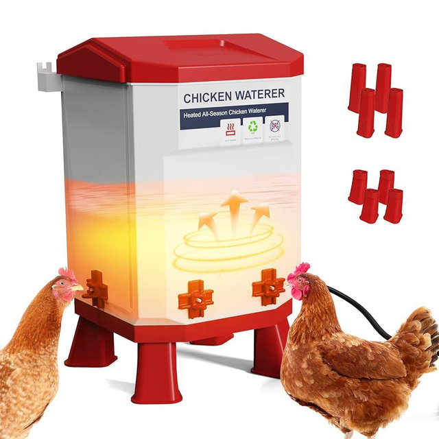 Heated Chicken Waterer, Thermostatically Controlled Poultry Water Heater for Winter, 4 Horizontal Nipples and 8 Support Legs, Anti-Freezing Watering System for Coop Accessories (Red, 3.2Gallon)