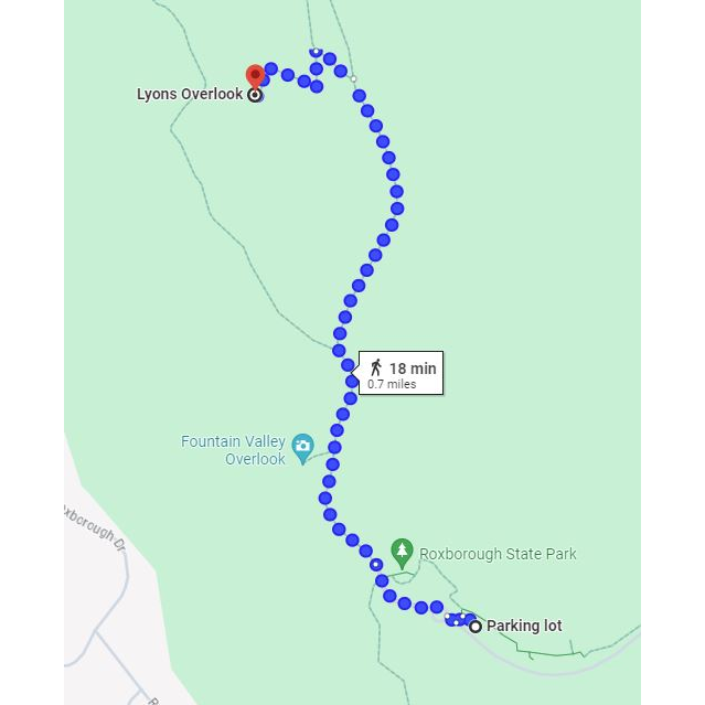 Map from Roxborough parking lot to Lyons Overlook