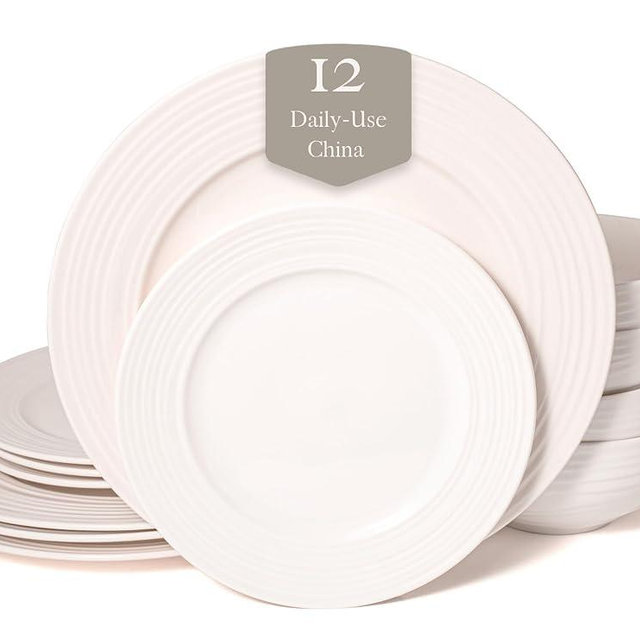 Square House New Bone China 12 Piece Dinnerware Set, Santorini Collection (Wave), White, Daily Use China, Embossed Tableware Service for 4