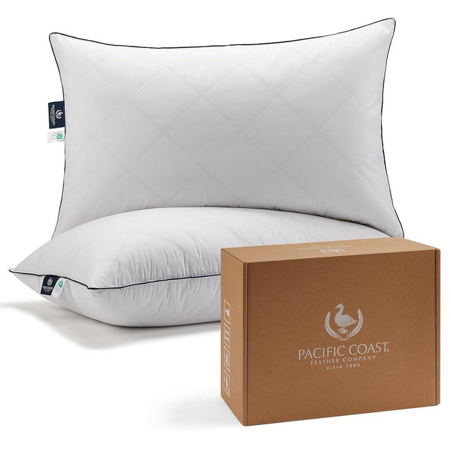 Pacific Coast Pillows Queen Size Set of 2, Goose Feather Down Pillow for Sleeping, Classic Diamond Pattern Hotel Pillow for Side Sleepers and Back Sleepers
