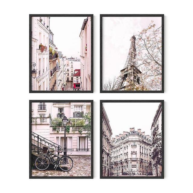 HAUS AND HUES Pink Paris Wall Decor Set of 4 Paris Wall Art and Paris Decor for Bedroom | Paris Decor for Bedroom for Girls | Poster of Paris Bathroom Decor (Black Framed, 8x10)