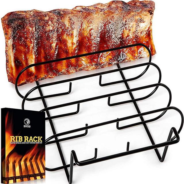 Rib Racks for Smoking - BBQ Rib Rack for Gas Smoker or Charcoal Grill - Non Stick Standing Rib Rack for Grilling & Barbecue - Holds 5 Baby Back Ribs - Black