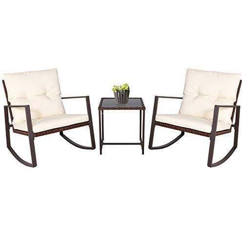 SUNCROWN Outdoor Patio Furniture 3-Piece Bistro Set Brown Wicker Rocking Chair - Two Chairs with Glass Coffee Table (Beige Cushion)