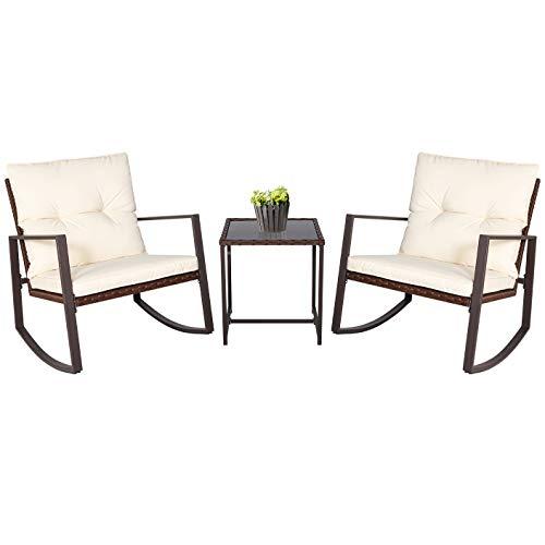 SUNCROWN Outdoor Patio Furniture 3-Piece Bistro Set Brown Wicker Rocking Chair - Two Chairs with Glass Coffee Table (Beige Cushion)