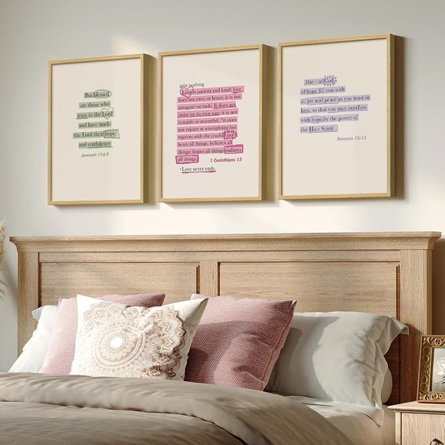Framed Christian Wall Art Set of 3, Pink Jesus Bible Verse Scripture Canvas Prints, Inspirational Vintage Religious Decor for Living Room, Bedroom, Office, Prayer Room, 12x16 Inch
