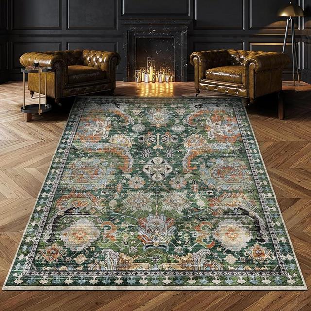 RUGSURE Washable Area Rugs - Perfect for Living Room, Bedroom, Kids Room, Nursery - Stain & Water Resistant Non-Slip, Pet & Child Friendly, Vintage Tribal Area Rugs (Green, 8' x 10')