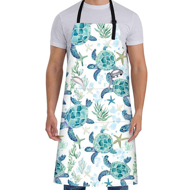 ainori Sea Turtle Apron for Women with Ocean,28x33in,Starfish Kitchen Aprons with 2 Pockets,Oxford Fabric,Coral Adjustable Apron for Cooking Baking Gardening Beach Chef,Gifts for Mom Wife